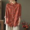 Spring Autumn Vintage Art Floral Long Sleeved Pure Cotton Shirt for Women's Casual Versatile Loose Cotton Hemp Top