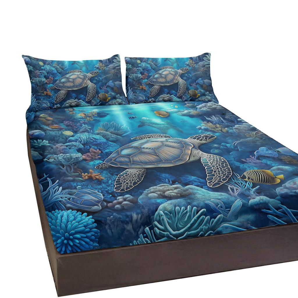 Sea Turtle Pattern 3-Piece Bedding Set With 2 Pillowcases For Living Room And Bedroom (Ocean World, Room, Decoration)