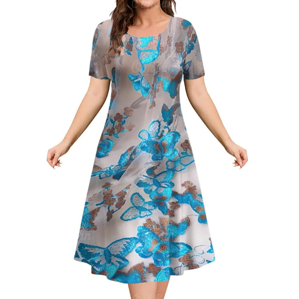 Летнее женское свободное платье с цветочным принтом, модное платье выше колена с короткими рукавами, платье с круглым вырезом, женское повседневное платье