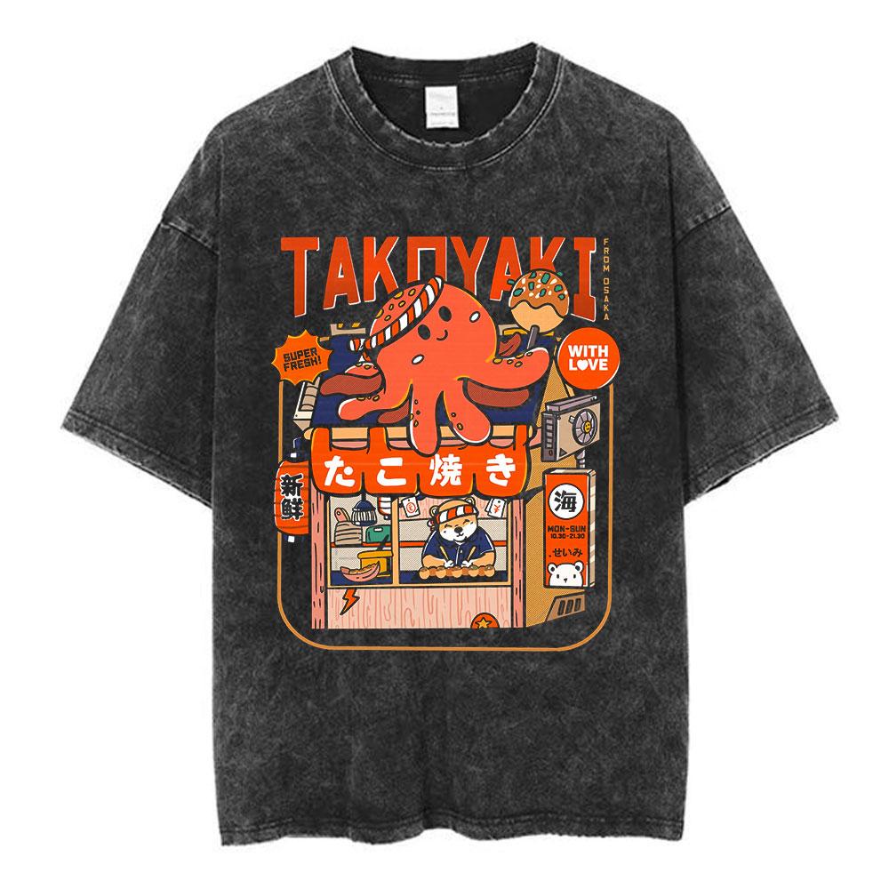 Japanese Octo Beats Osaka Dotonbori Drunken Octopus Funny T Shirts Men Women Vintage Washed Oversized Cotton TShirts Streetwear