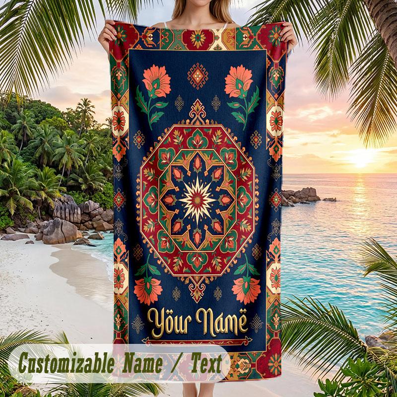 Elegant Floral Rug 1 Theme Quick Dry Beach Towel Custom Name Text Print Large Sand Resistant Towel Beach Vacation