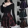 Retro Punk Fashion Women Red Plaid Print Skirt Strap Elastic Waist Zipper Pleated Short Skirt Summer 50s Rockabilly Skirts