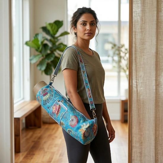 Yoga Mat Bag usalover925 Blue Quilted Cotton Floral Print Yoga 13
