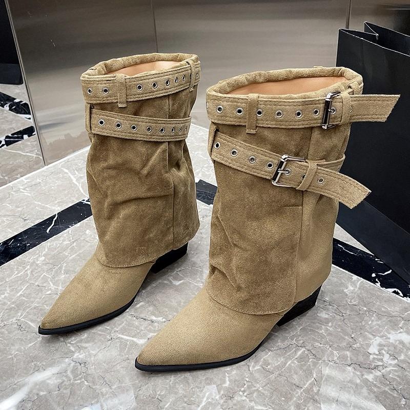 Autumn Mid-Cone Boots Fashion Pointed Toe Sleeve Non-Slip Wear-Resistant Block Heel