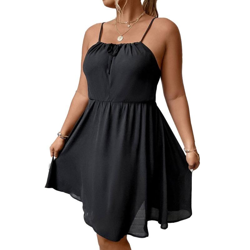 Summer Casual Sleeveless Backless Dresses for Female Mesh Solid Color Dress Women's Spaghetti Strap Black Dress Loose High Waist Dress Beach Dress
