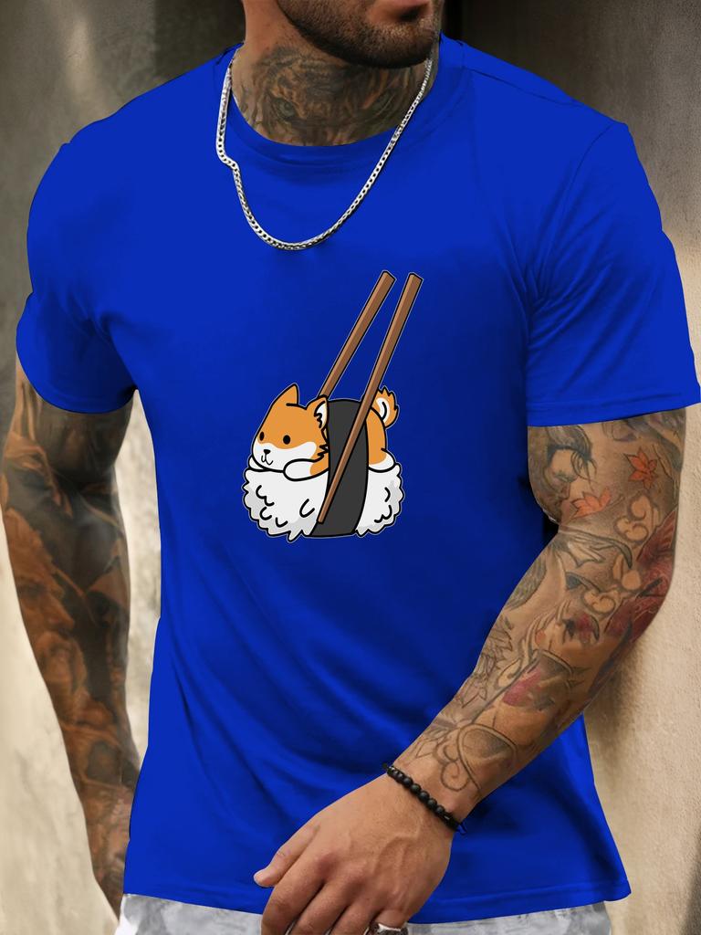 Unisex Crew Neck Sushi Shiba Inu Cartoon Print Short Sleeve Cotton Tee Casual Summer Streetwear Loose Basic Daily Outdoor Wear Top