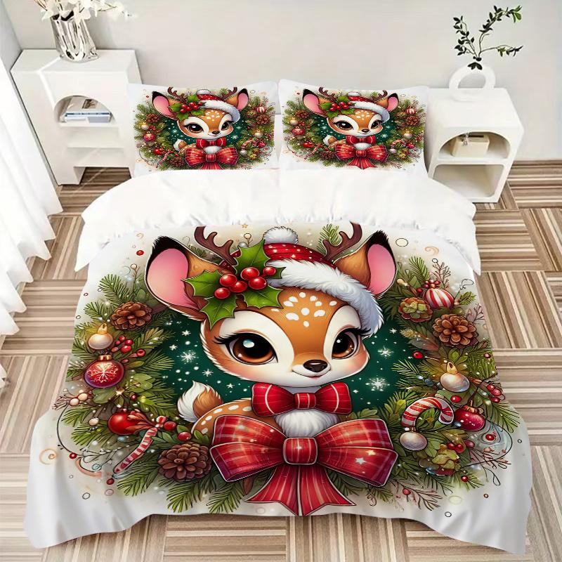 3pcs Christmas Plum Deer Bedding Set - Includes 1 Quilt Cover and 2 Pillowcases, Comfortable Bedding with Stylish Design for Bedroom, Machine Was