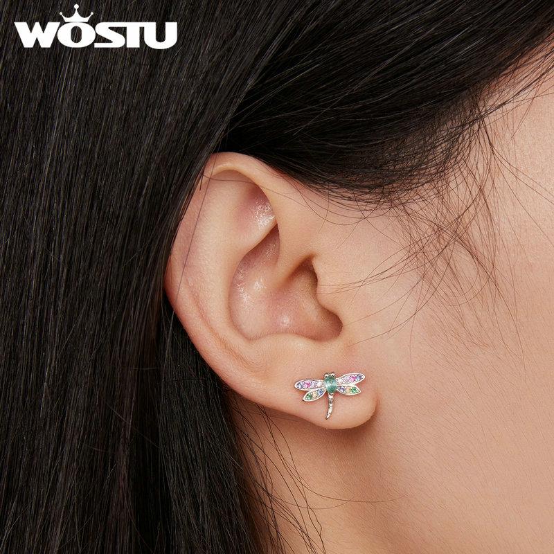 WOSTU 925 Sterling Silver Dragonfly Stud Earrings Insect Earrings for Women Colorful Zircon Fine Jewelry