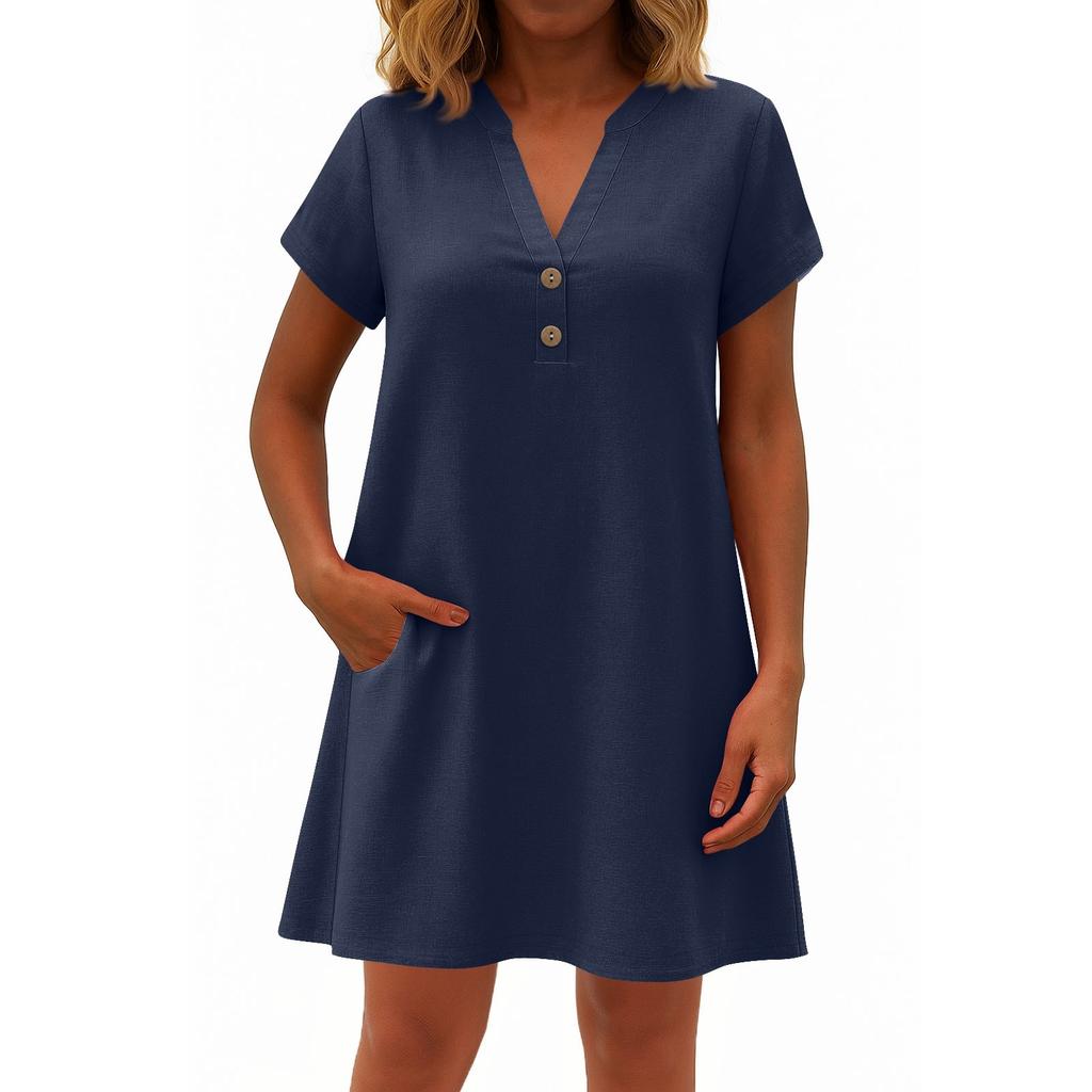 Women's Fashionable Solid Color V Neck Button Short Sleeved Pullover Dress