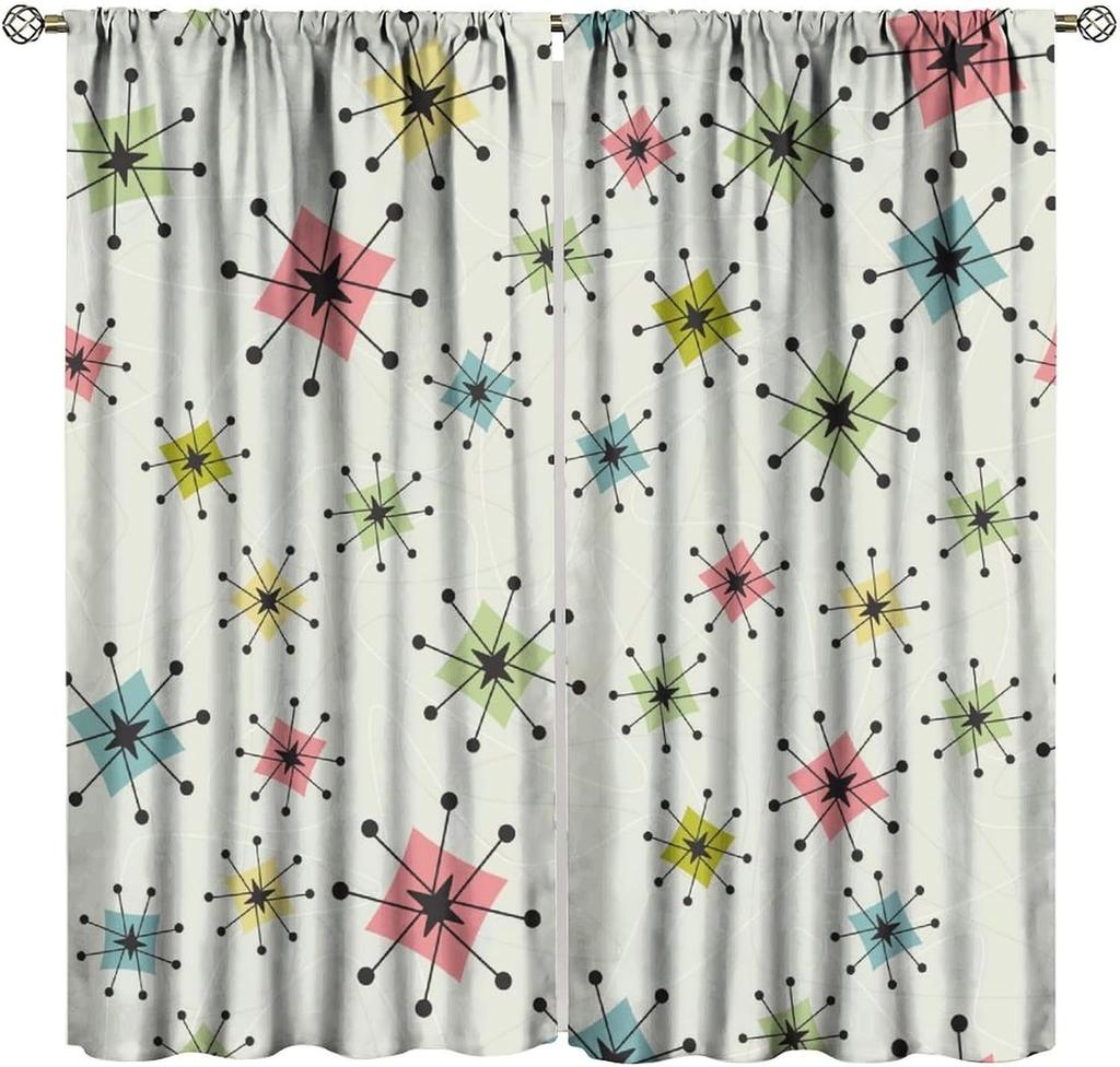 "Atomic Starburst" Curta – Colorful Dots & Lines In Retro Pattern, Rod Pocket Drapes For Living Room Or Bedroom (21X45In)