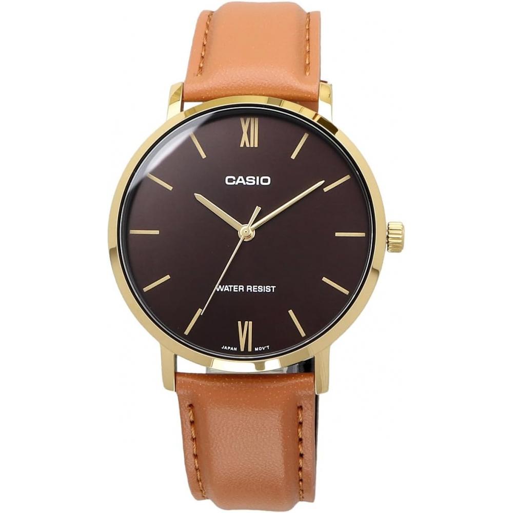 Casio Мужские кварцевые часы Золотые Коричневый кожаный ремешок Mtp Vt01gl 5b