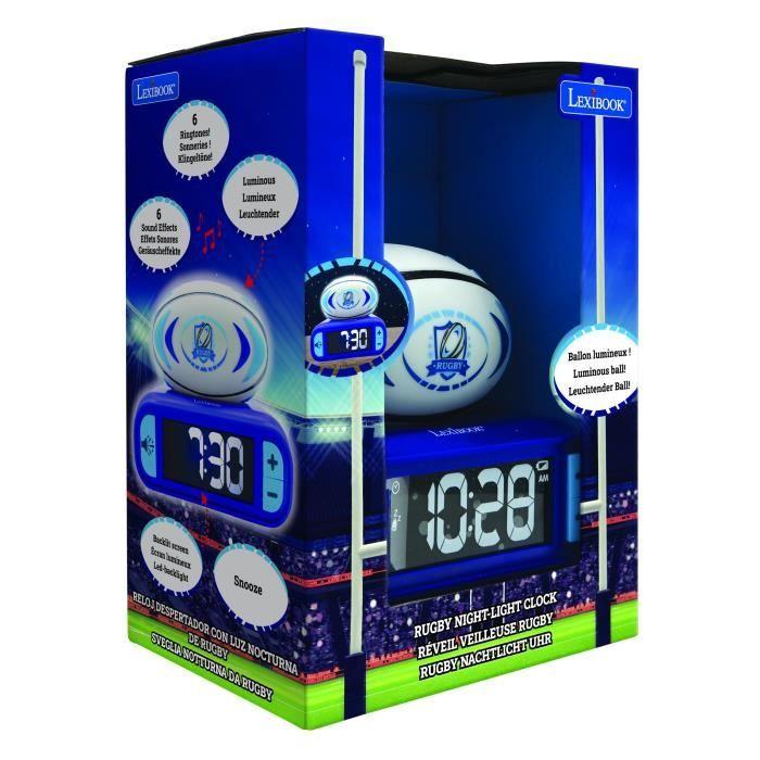 LEXIBOOK - Réveil veilleuse Rugby - Sons et mélodies, écran LCD rétro-éclairé et lumineux - Bleu