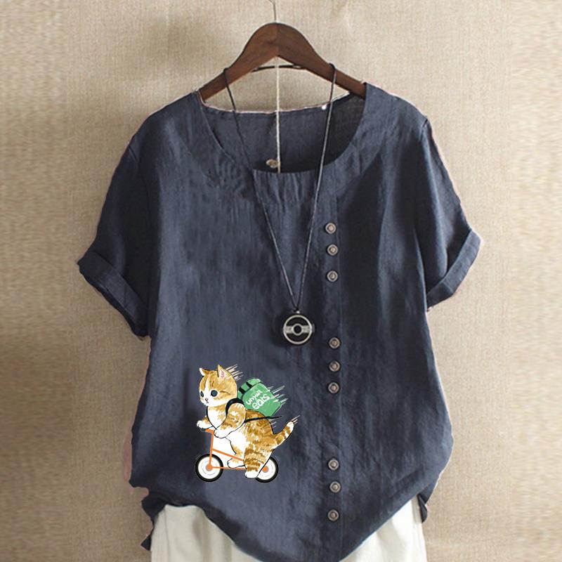 Женская модная футболка с круглым вырезом и короткими рукавами, повседневная хлопково-льняная рубашка с рисунком, летняя блузка с принтом кота для велоспорта, топы больших размеров