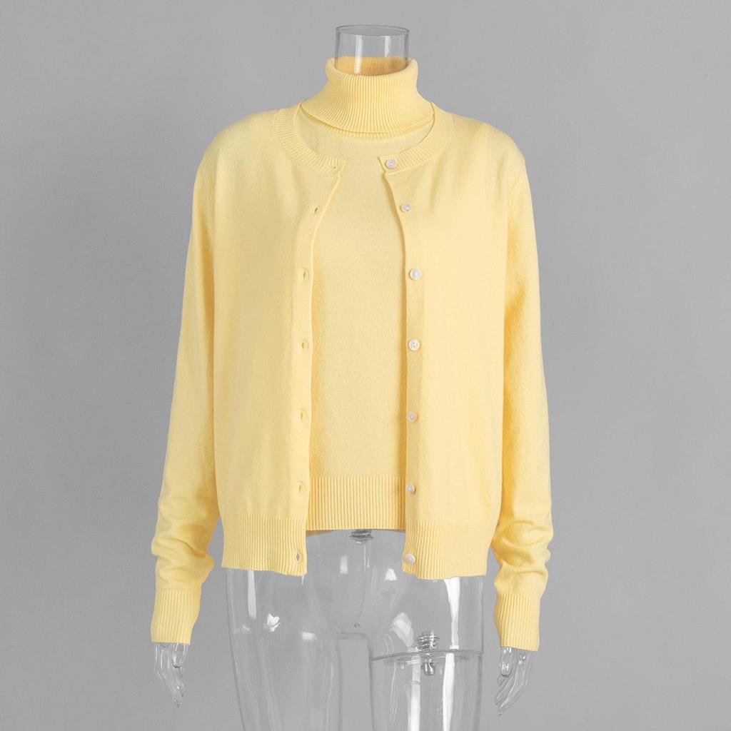 European-American High Neck Knit Sweater Cardigan Set for Spring/Autumn 2026 - Women's Long Sleeve Top + Cardigan