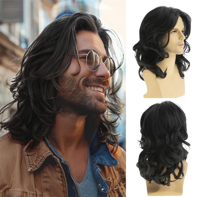 Synthetic Natural Brown Wig Long Curly Hair for Men Daily Use Layered Wig with Bangs Gift Outfits Costume Party Wigs