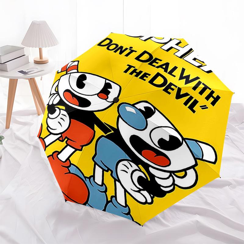 1 шт. Зонт для улицы Cuphead & Mugman - Автоматическое открытие/закрытие, Портативная 3-складная конструкция, Железный каркас с 8 ребрами, Идеальный подарок для фанатов, Путешественников, Для ежедневного использования