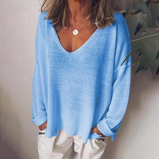 Женская футболка с V-образным вырезом и длинным рукавом, свободная футболка, однотонная, дышащая, повседневная, пуловер, топы, повседневная одежда