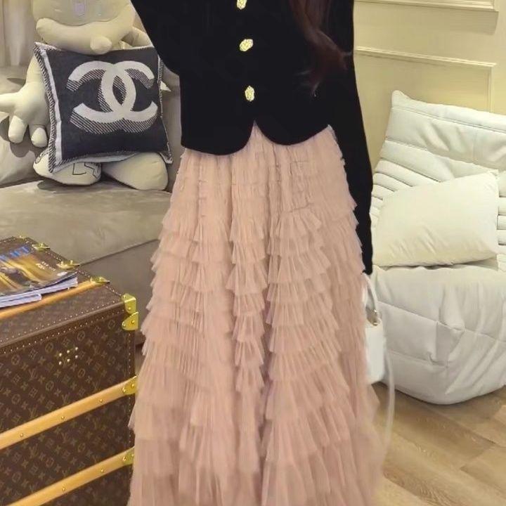 Sweet Chiffon Dress for Women In Spring and Summer Ruffle Edge Thousand Layer Cake Skirt Slimming Half Body Skirt