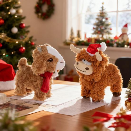Yousheng Electric Плюшевая Хайлендская Корова в Шапке Санты Мягкий Козлик Чучело Животное Рождественское Праздничное Украшение Милый Подарок для Снятия Стресса для Детей Семьи