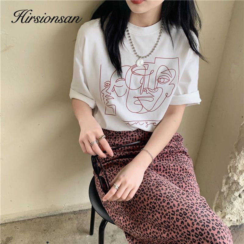 Hirsionsan Fashion Abstract Line Printed T Shirt Women Funny Graphic Soft Loose Female Tees Cotton Summer Casual Tops Khaki Tshirts 2021