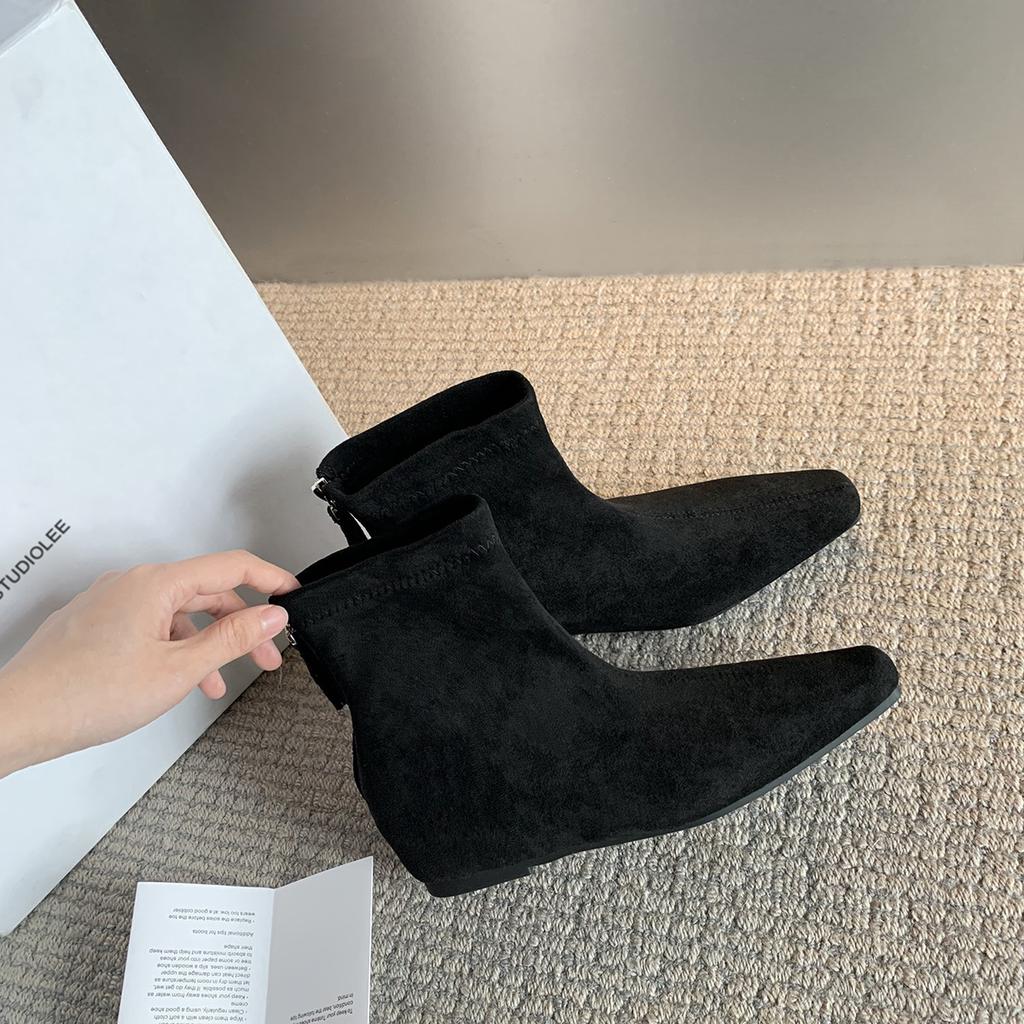 Овчина~ Корейский ретро замшевый универсальный~ 5 см внутреннее увеличение высоты минималистичные ботильоны с квадратным носком и задней молнией женские
