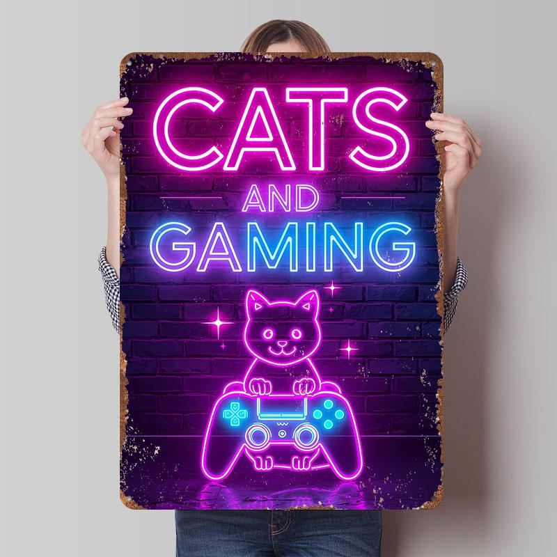 Cats and Gaming Neon Sign Metal Poster Customized Wall Art Retro Vintage Tinplate Signs for Decoration Living Room Decor Men