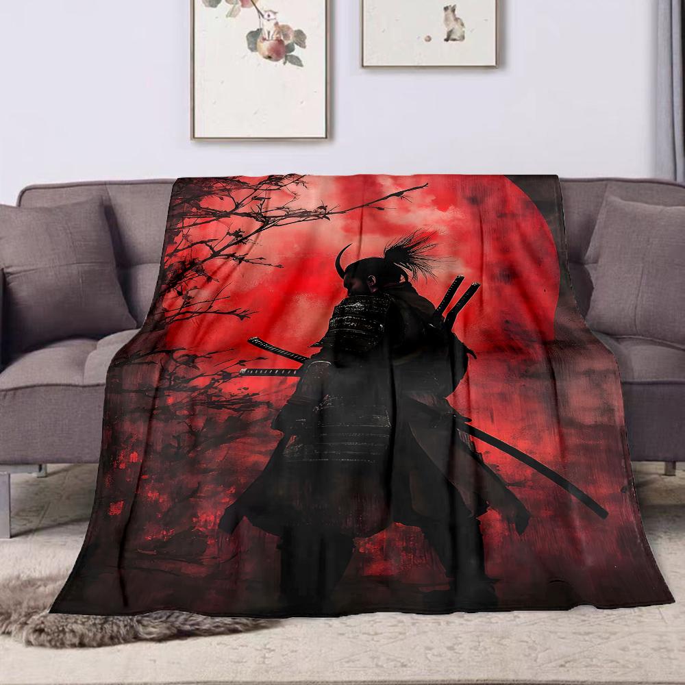 1PC Samurai silhouette red moon printed blanket all seasons multi-purpose blanket suitable for sofa, camping, travel, car