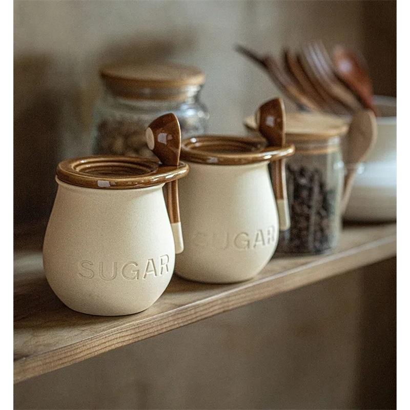 Винтажная керамическая банка для приправ с крышкой и ложкой, солонка для приправ, банка для сала