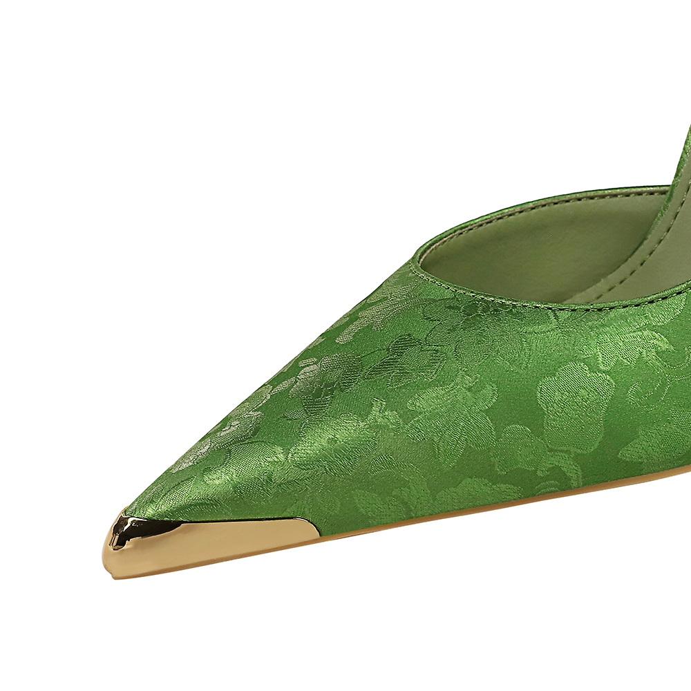 Banquet National Style Women's Shoes High Heels Thin Heel Shallow Mouth Side Hollow Satin Metal Pointed Single Shoes