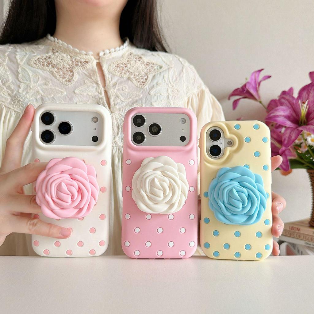 Креативный чехол-подставка с узором в горошек и цветами розы для iPhone 13-17, Совместим с 14/15 Pro Max, Ударопрочный дизайн.