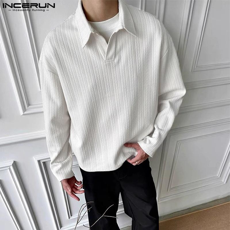 INCERUN Autumn Men Lapel Neck Long Sleeve Texture Pullover Tops