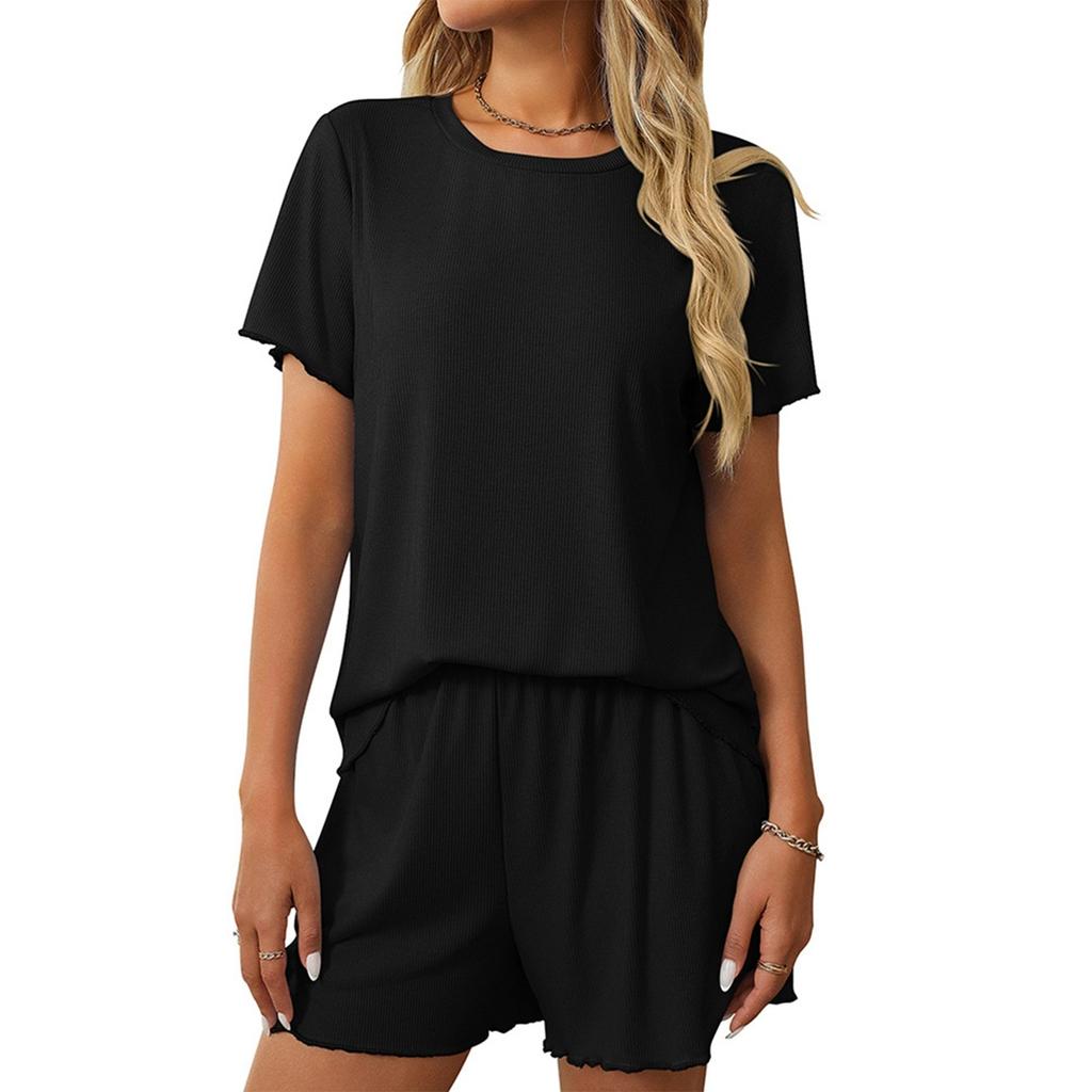 Женская повседневная однотонная пижама с короткими рукавами, шорты, домашняя одежда, комплект из двух предметов
