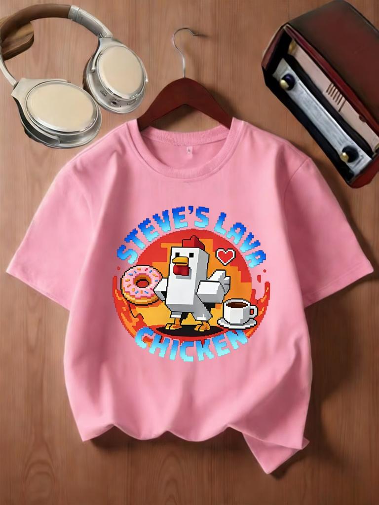 Steves Lava Chicken Pixel Game Cartoon Graphic Kids T Shirt Boys Girls Family Matching Summer Crew Neck Short Sleeve Casual Tee