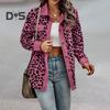 Women Spring Fall Coat Fake Chest Pocket Turn-down Collar Single-breasted Leopard Print Long Sleeves Mid Length Daily Wear Jacket