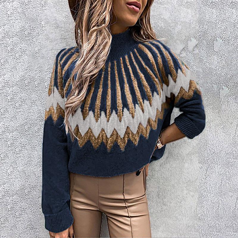 Women's Long Sleeve Turtleneck Geometric Pattern Loose Casual Sweater