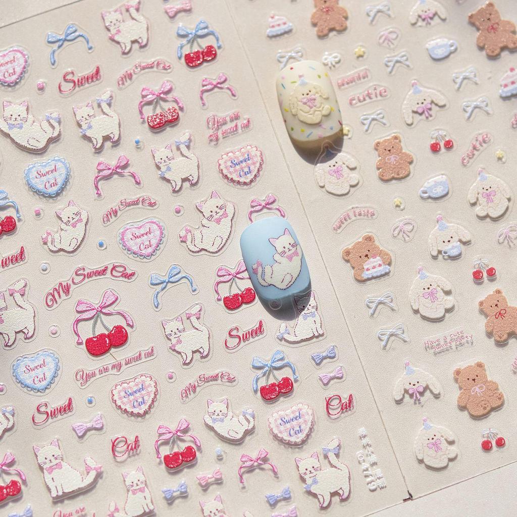 Наклейки для ногтей Graffiti Cute Cherry Cat & Bear - Самоклеящийся дизайн с бантом DIY