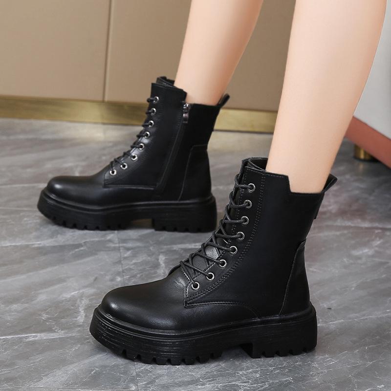Women's Leather Boots Fashion Outdoor Casual Ankle Boot Lace-up Platform Boot Classic Leather Short Boots Women Motorcycle Boots