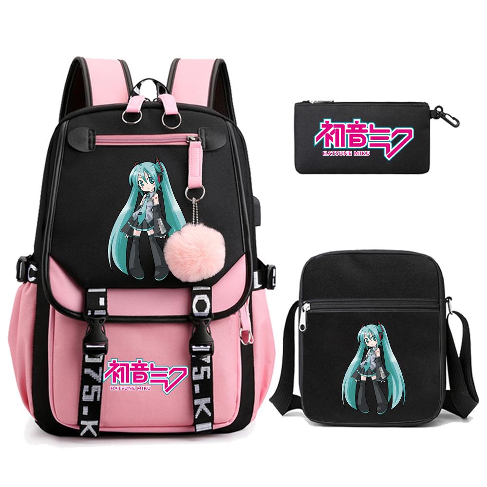 3 шт./комплект Аниме Мультяшный Рюкзак с принтом Hatsune Miku и Сумка через плечо для Подростка Студента Девочки Мальчика Большой Вместимости Водонепроницаемый Ранец Mochila