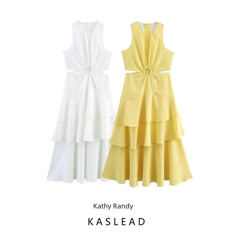 Kaslead New Women Clothes Western Style Fashion Laminated Frill Sleeveless Waist-Exposed Dress