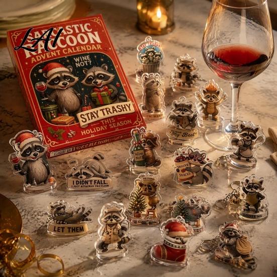 Decorative Raccoon Figures Advent Calendar 24 Days 2D Acrylic Ornament Countdown Hanging Decorations Collectible Cute Pendents for Home Tree,