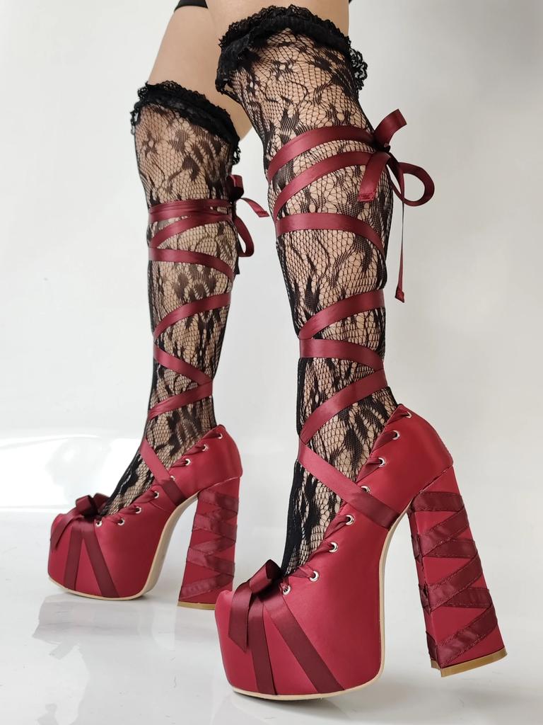 2025 Новые Лолита Розовые Сандалии Милые Ремешки Платформа Толстый Каблук Большой Размер 47 Женские Туфли Атласный Бант Шнуровка Модные Сандалии