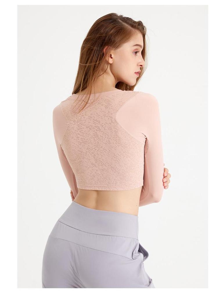 Осенний женский укороченный топ для йоги из какао-сетки с длинными рукавами