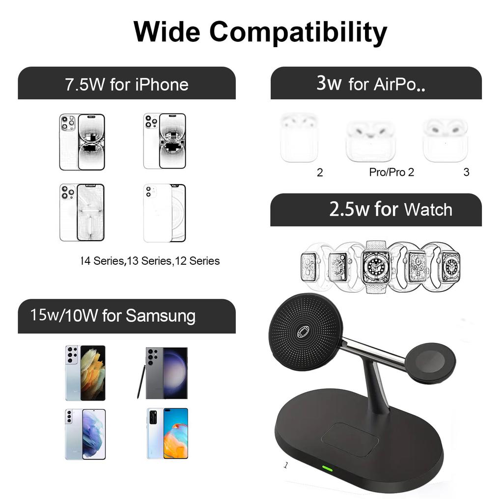 15 Вт 3 в 1 Магнитное зарядное устройство для смарт-часов Станция быстрой зарядки Складная беспроводная зарядная подставка для iPhone 15 14131211/Pro/Max/Mi