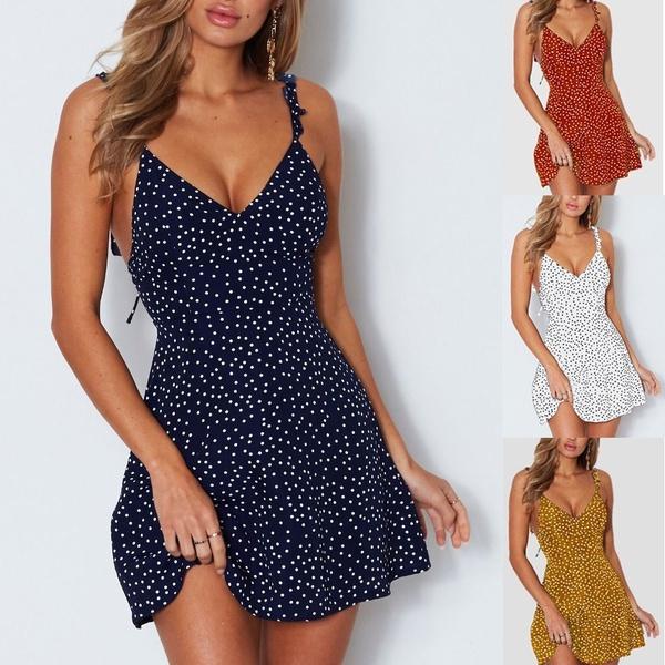 Летние женские новые модные повседневные топ-платья без рукавов в горошек с v-образным вырезом и лямками и открытой спиной