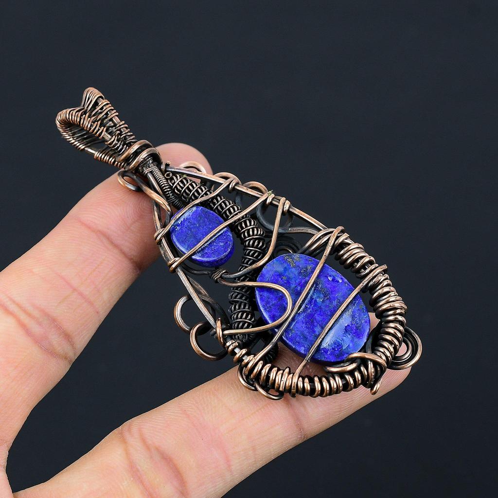 Подвеска из лазурита, ювелирное изделие из драгоценного камня ручной работы, подвеска, обернутая медной проволокой 999 пробы, ювелирная подвеска уникального дизайна
