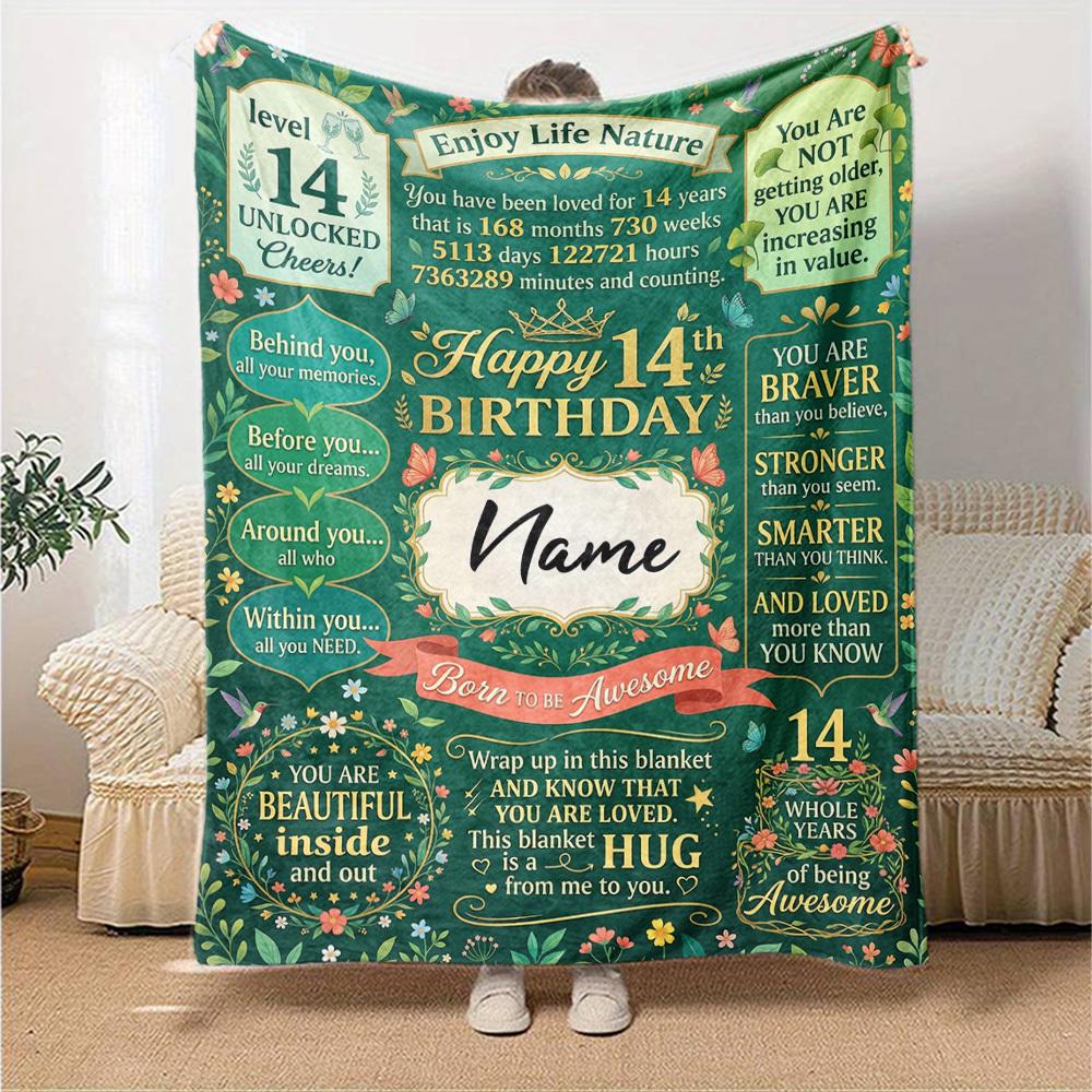 Happy 14Th Birthday Celebration Blanket Personalized Name Soft Warm And Versatile For Sofa Bed Office And Travel Machine Washable Comfortable In All