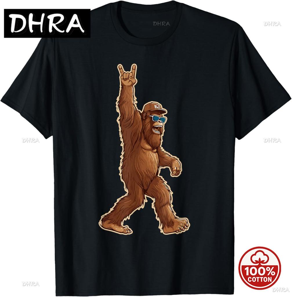 Rock On Bigfoot Sasquatch Loves Rock And Roll Mountain Trees Unisex 2026 Summer Soft Cotton Loose Streetwear Tops Vintage Tshirt