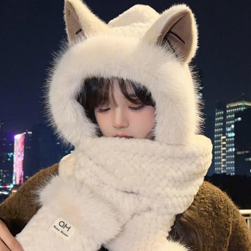 Плюшевая шапка с лисьими ушками, шарф, интегрированный, женский осенне-зимний новый милый комплект из трех предметов: перчатки, тепло.