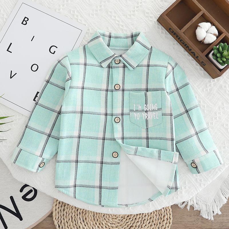 Рубашка из плюша для мальчиков, хлопковая шерсть, теплая рубашка для детей на осень и зиму, клетчатая рубашка, корейская куртка для малышей