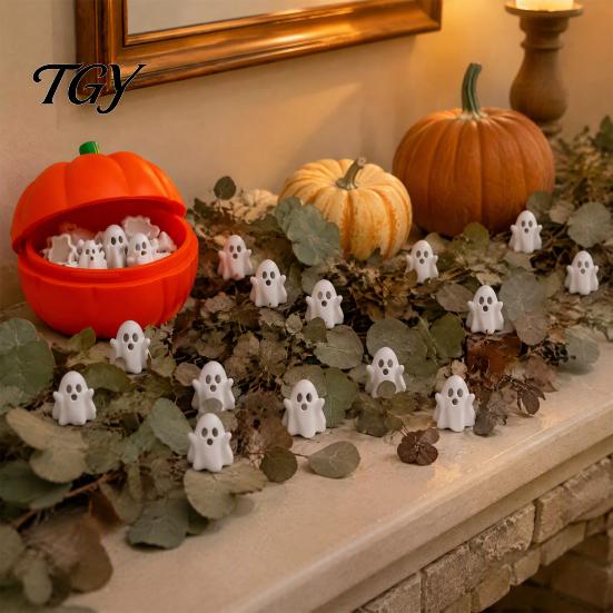 Decorative Pumpkin Container Halloween Box with 20 Mini Ghosts, Storage for Candy & Ghost Figurines Treat, Lid Trick or Treat Holiday Party